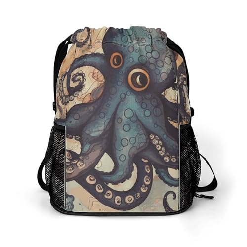 Mochila retro de pulpo con cordón y compartimento para zapatos