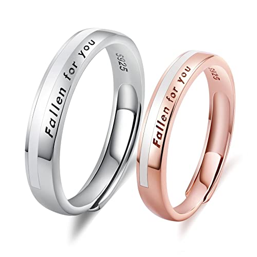 Whoiy Ringe für Paare, Sterling Silber Ringe Verstellbar Gravur für Dich Gefallen Weißgold/Roségold Jahrestag Ring Set Geschenk zum Valentinstag Cover