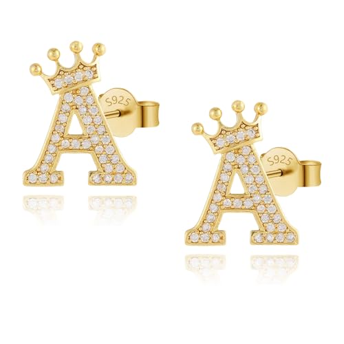 Crown Initial Stud Earrings for Girls, 14K Gold Plated S925 Sterling Silver...