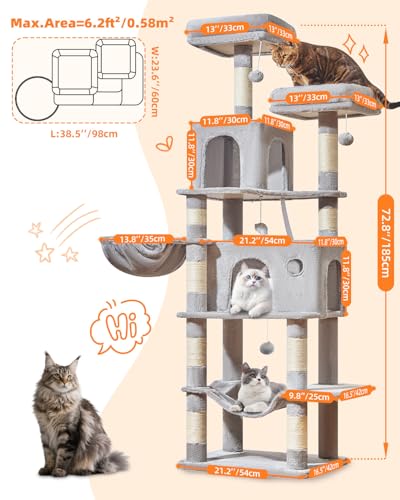 Image of Taoqimiao Large Cat Tree, 73 in Tall Cat Tower with 2 Plush Big Cat Condos | 9 Scratching Posts, 2 Top Perches, Cozy Hammock & Basket, Indoor Cats, 2 Pompoms & Mouse Toy, Light Gray, MS013XLW
