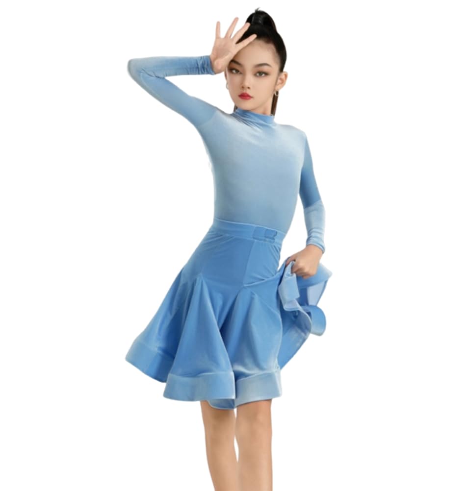Abito da Ballo da Sala A Maniche Lunghe per Bambine Ideale per Esibizioni di Salsa E Tango Feste Competizioni E Allenamenti di Danza(130Cm)