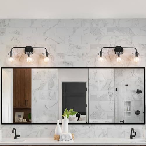 Image of KSANA Black Bathroom Light Fixtures, 3 Light Matte Black Vanity Lights for Bathroom with Seeded Glass Globe, 22 inch Modern Farmhouse Bathroom Lights Over Mirror