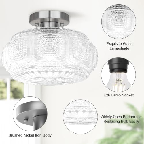 Image of 12 Inch Semi Flush Mount Ceiling Light Fixture, Brushed Nickel