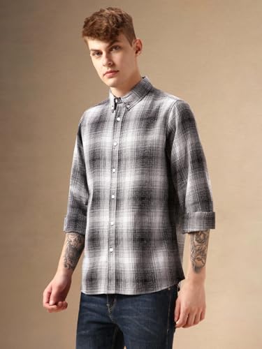 Image of Dennis Lingo Men Black 100% Cotton Full Sleeve Button Down Collar Checks Shirts