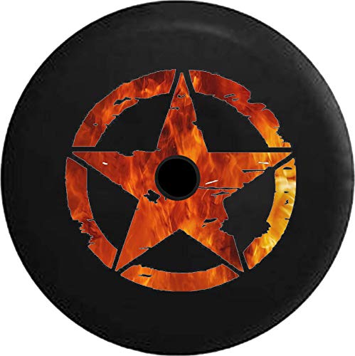 JL Spare Tire Cover Oscar Mike WW2 Military Vintage Star Orange Red Flames Spare Tire Cover with Backup Camera Hole BUC (Fits: JL Accessories 2018+) Size 32 Inch