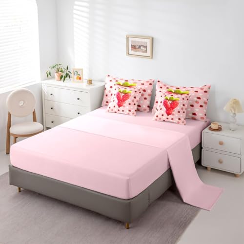 Image of Feelyou Girls Strawberry Comforter Set with Sheets 7 Piece Full Size Pink Strawberry Bedding Set for Kids Boys Girls Initial Letter Y Bed in a Bag Room Decor Soft Lightweight Microfiber