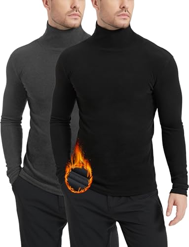 2 Pack Men's Thermal Casual Slim Fit Basic Tops Double-Sided Fleece Lined Knitted Turtleneck Pullover Sweater