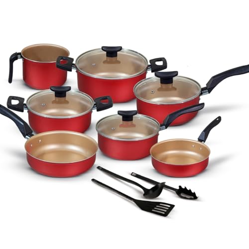Jogo de Panelas 10 Peças Cereja Antiaderente c/Tampa de Vidro e Utensílios