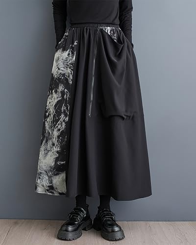 Women's Skirt Elastic Waist Zipper Pocket Ink Pattern Patchwork Flowy Hem Loose Oversize GZ300 A3