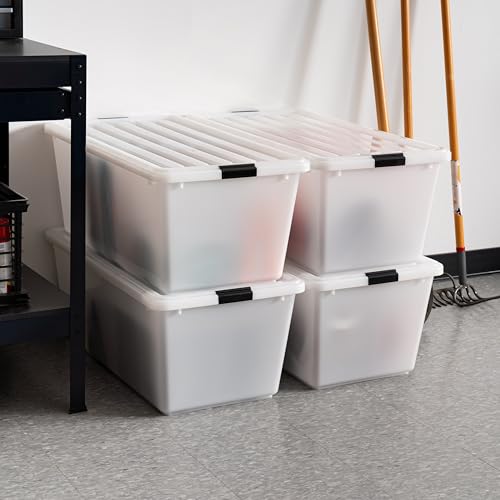 Image of IRIS USA 91 Qt Stackable Plastic Storage Bins with Lids, 4 Pack - BPA-Free, Discreet Organizing Solution, Latches, Durable Nestable Containers, Secure Pull Handle, Made in USA - Pearl