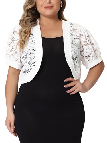 Image of Agnes Orinda Plus Size Cropped Cardigans for Women Open Front Short Sleeve Floral Lace Sheer Bolero Shrugs for Dresses