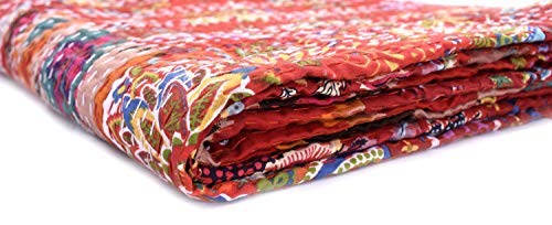 Manta Reversible étnica Kantha Hecha A Mano - Algodón, 274x274 Cm, Estilo Bohemio Indio