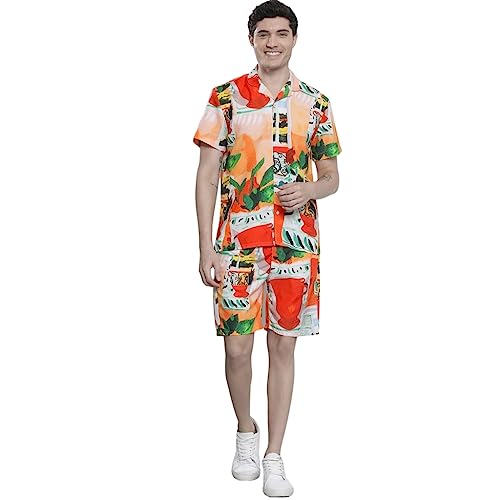 Image of The Indian Garage Co Men Regular Fit Tropical Print Resort Wear Boxers & Shirt Co-ords Set
