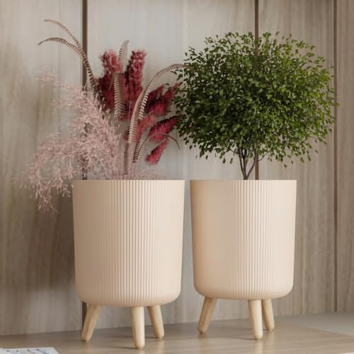 Image of StyleX Store Modern Flower Pot with Plastic Legs | Indoor Outdoor Planter for Home Garden Balcony Decor Ribbed Design Sturdy Plastic Mid-Century Style (Warm Beige Pack of 2)
