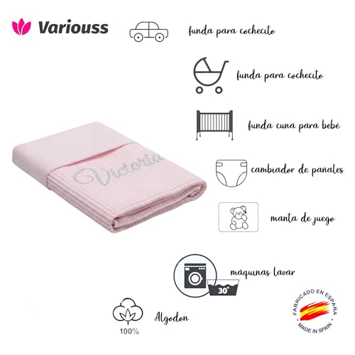 variouss Manta Colcha de Verano para Bebe Recien Nacido Personalizado con su Nombre Bordado, Cochecito o capazo. (011 Rosa) - imagen 4