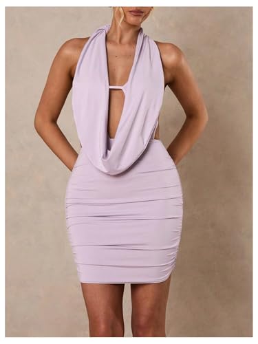 Image of SOLY HUX Women's Sexy Deep V Neck Halter Bodycon Mini Dress Sleeveless Party Club Dresses