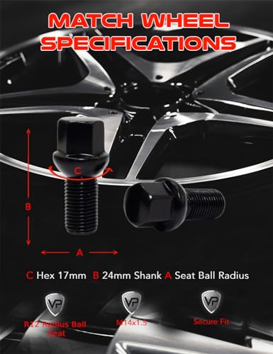 Set of 20 Veritek 14x1.5mm Black 24mm Thread Length 17mm Hex R12 Ball Seat Wheel Lug Bolts for Mercedes Factory Wheels