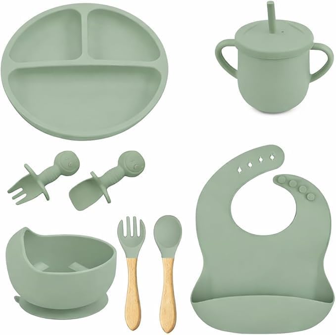 Kit Alimentação Bebê Silicone 8 Peças para Introdução Alimentar BLW | Prato com Ventosa, Babador, Bowl, Copo com Canudo e Talheres | Livre de BPA e Atóxico (Verde Musgo)