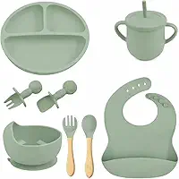 Kit Introdução Alimentar Bebê 8 Peças Prato + Bowl Babador Copo + Tampa com Canudo + 2 Talheres + 2 Talheres Ponta Silicone Cabo de Madeira 100% Silicone Antitóxico Premium (Verde)
