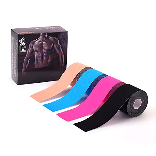 Kinesiotapes 4er Set, Elastische Tape Sport 5m x 5cm, Latexfreies Kinesiologie Tape Hautfreundlich für Knie Schulter & Rücken, 4 Rollen Wasserfestes Physio Tape mit langanhaltender Haftbarkeit