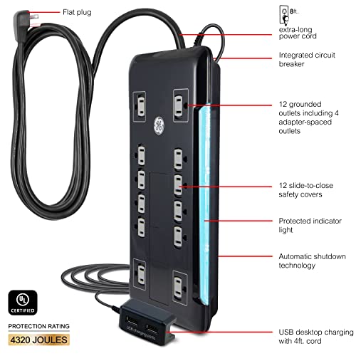 Ge Ultrapro 12 Outlet Surge Protector, Tethered 2 Usb Ports, 8 Ft Power Cord, 4320 Joules, Flat Plug, Power Filter, Circuit Breaker, Warranty, Ul Listed, Black, 11824 #TOP1