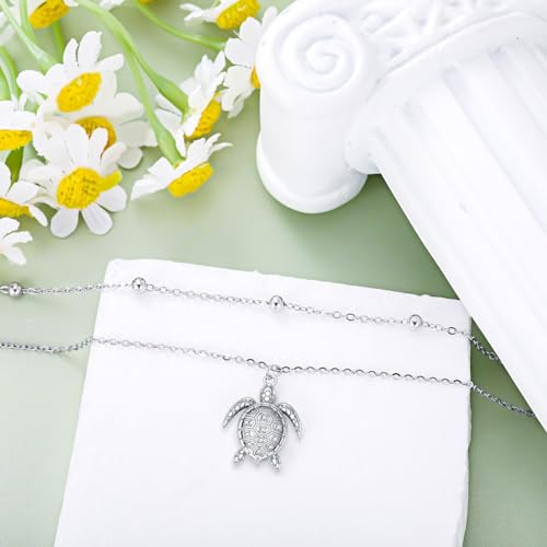 Image of Diamond Turtle Anklet for Women 925 Sterling Silver Turtle Layered Anklets with Lab Grown Diamonds Jewelry Gifts