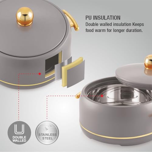 Image of Modware Atlantis Casserole Set of 3-1500ml /2000ml /2500ml Elegant Design Premium Hot Pot, Retains Temperature for Hours, Insulated Inner Steel Casserole for Roti Hot Box for Home Chapati Box (Grey)