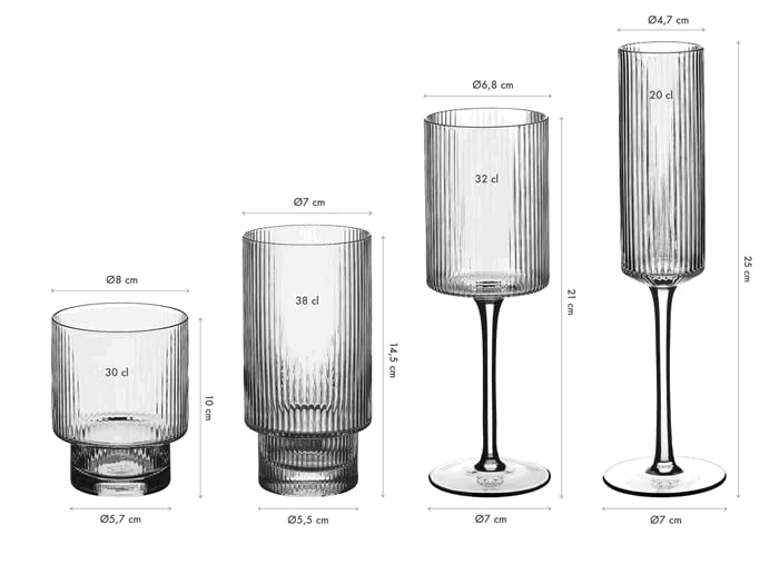 Bjorn Set de verres complet LINJE 24 pièces en cristallin sans plomb – Service de verres pour eau, jus, vin et champagne – Gobelets bas et hauts, verres à pied et flûtes design strié moderne
