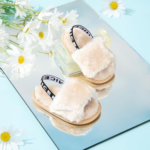 QIETION Girl's Soft Plush Lightweight House Slippers Non Slip Cross Band Slip on Open Toe Cozy Indoor Outdoor Slippers X102 Khaki 13CM3