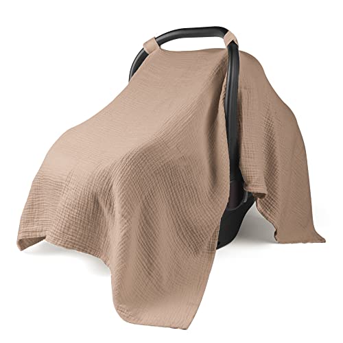 Image of Konssy Muslin Baby Car Seat Covers Carseat Canopy for Babies, Lightweight Breathable Infant Carseat Cover Boy, Shower Gifts for Unisex Boys and Girls(Brown)