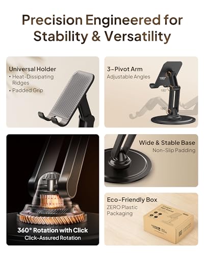 Cooper 360° Stand - Adjustable Cell Phone Stand for Desk | 360° Click-Rotating, Multi-Angle, Non-Slip Metal Base, Foldable & Portable | iPhone Stand for Desk, Cell Phone Stand Holder (Piano Black)
