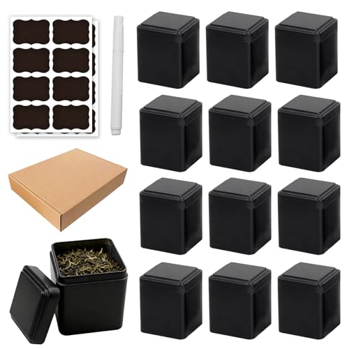 GOEDCH 12 unidades de latas de té rectangulares: latas de té clásicas para té suelto, incluye 16 etiquetas y tiza líquida, hermética, de metal, color negro, rectangular, para té, café, azúcar, 7 x 7 x
