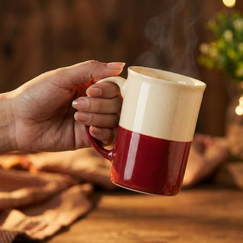 Image of BLACKCARROT Ceramic Red White Coffee Mug Set of 2, 300ml, Microwave Safe | 300ml ceramic coffee mugs set of 2, bone china free and microwave safe, ideal for tea, coffee and everyday gifting.
