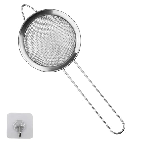 1 Pack Small Stainless Steel Fine Mesh Strainers with Kitchen Hooks 8 Cm Diameter Mini Fine Mesh Sieve Tea Strainers Kitchen Colander Sieve with Handle - Ideal for Juice Egg Tea Coffee Flour Filter