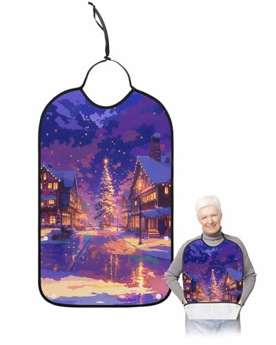 Christmas Adult Bib for Adults Men, Women, Cartoon Tree Street Night Light Winter Forest Washable & Adjustable Terry Cloth Bib with Crumb Catcher Reusable Waterproof Clothing Clothes Protector Apron
