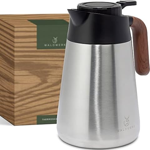 WALDWERK Thermoskanne (1,5L) - Kaffeekanne aus doppelwandigem 304 Edelstahl mit Holzoptik Griff - Isolierkanne mit tropffreiem Ausguss Cover