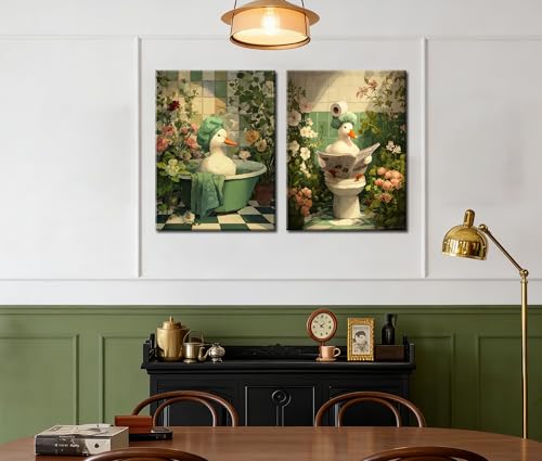 Image of Frimeeme Duck Green Botanical Bathtub Canvas Wall Art,12x16 Inch