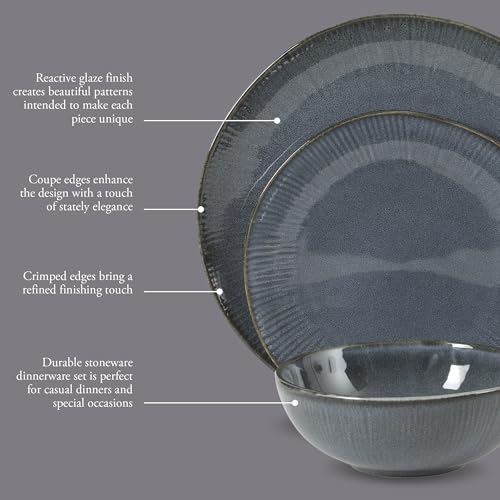 Image of Gibson Elite Sandy Pines Stoneware Plates and Bowls Set - 12 Piece Reactive Glaze Dinnerware Set - Service for 4 - Dishwasher and Microwave Safe - Blue