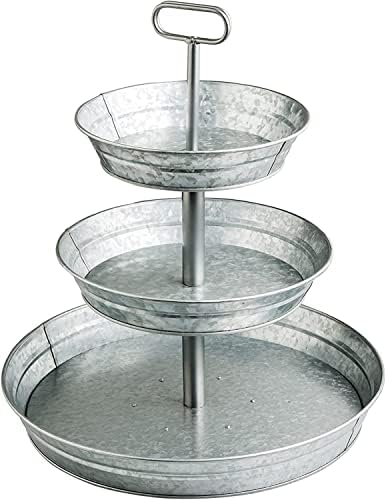 StarPack Farmhouse Style Three Tier Serving Tray - Rustic Kitchen 3 Tiered Tray with 3 Tier Metal Stand - Three Tiered Tray for Deserts & Party Bites - Sturdy & Stylish 3 Tier Serving Stand