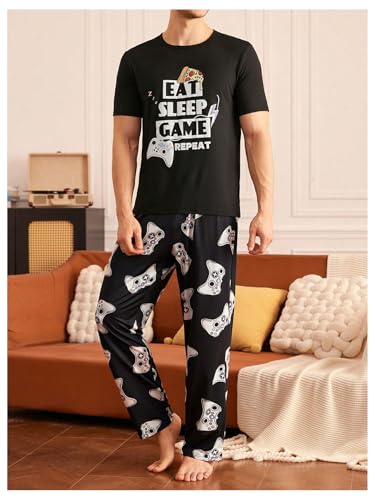 Verdusa Men's 2 Piece Summer Pajama Sets Crew Neck Graphic Tees with Long Pants Loungewear3