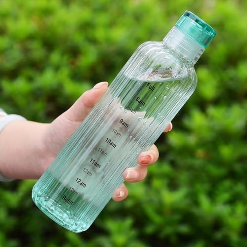 Image of Borosilicate Water Bottles, H2O Fridge Water Bottle with Cap, Leak proof & Airtight Lid, Water Bottle for Office, School, College - 500ml Bottles with Time Marker (Striped Green)