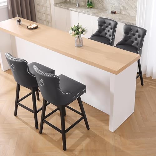 Image of Grey Leather Swivel Bar Stools Set of 6 with Back, 26 Inch Counter Height Chairs, Solid Wood Legs, Tufted Seat, Comfortable and Stylish for Kitchen, Island, Home Bar(Grey, 6 Pack, 26 inch H)
