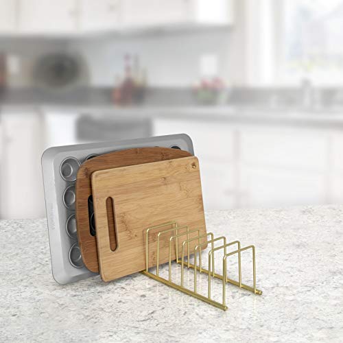 Image of Spectrum Euro Kitchen Organizer Cutting Board Holder Stand for Countertop or Inside Kitchen Cabinet Organization Gold, 8 Slot Cutting Board Drying Rack or Cabinet Plate Bakeware Storage Organizer