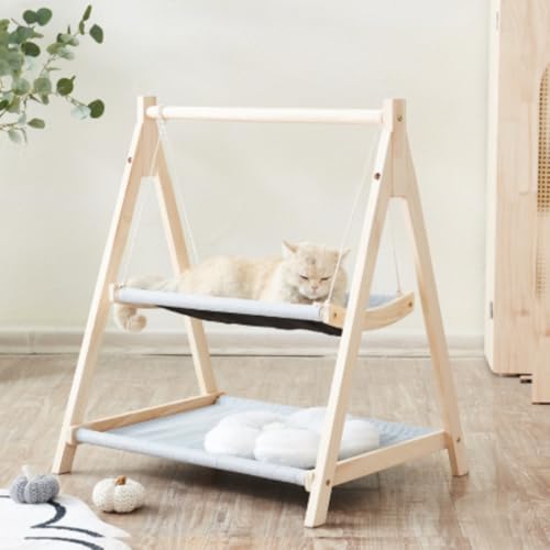 LAJOKING 猫用ハンモック、天然木で作られ、耐久性があり、組み立てが簡単で、かわいい、自立型ペットベッド、猫が休んだり日光浴をしたりするのに適しています (グレイシャーブルー,二重層)