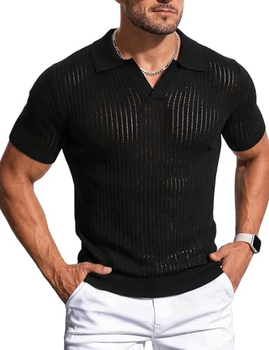Camiseta Polo para Hombre, de punto acanalado con diseño hueco, manga corta, cuello en V, ideal para golf y músculo miniatura 1