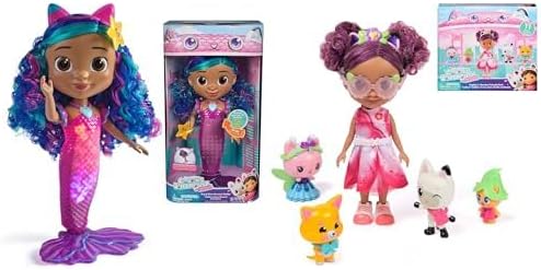 Gabbys Dollhouse The Movie Bundle - 14-inch Sing & Shine Mermaid Gabby Doll with Lights & Garden Friends Pack 6-inch Gabby Doll & 4 Toy Figures