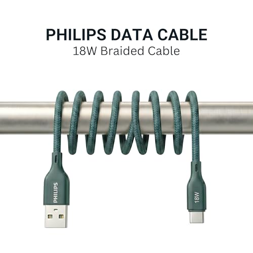 Image of PHILIPS DLC4130AT /94 18W Type-A to Type-C Fast Charging Cable (1m, Crystal Teal) | Nylon Braided | Compatible with iPhone 15+ Series, USB-C iPad Models, Samsung Galaxy & All Type C Devices