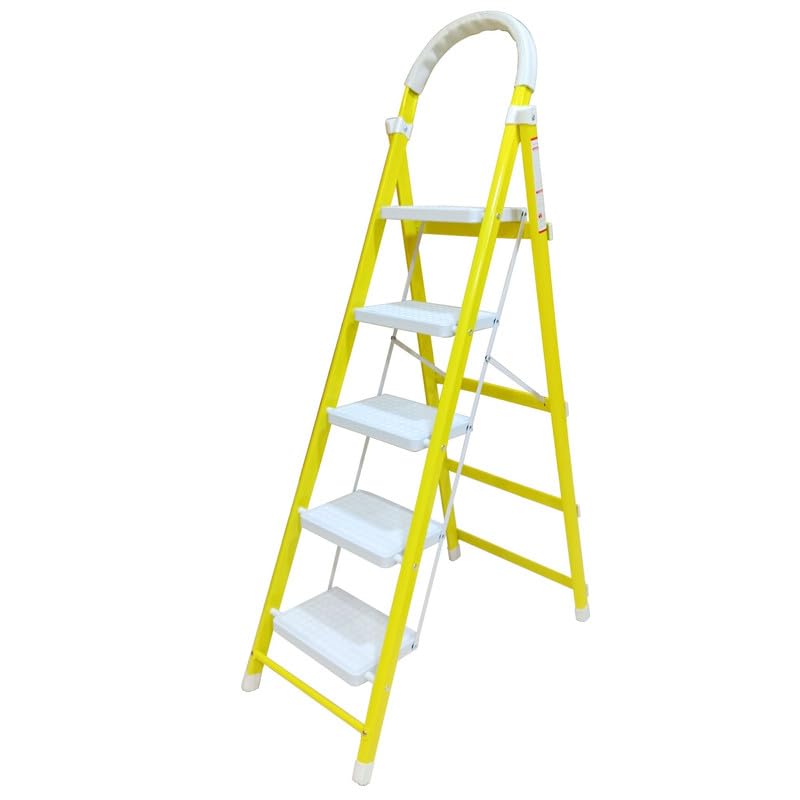 Image of TNT The Next Trend 5 Step Steel Step-Ladder for Home | Heavy Duty Foldable Ladder with Wide Ant-Slip Steps and Anti-Skid Shoes - Yellow