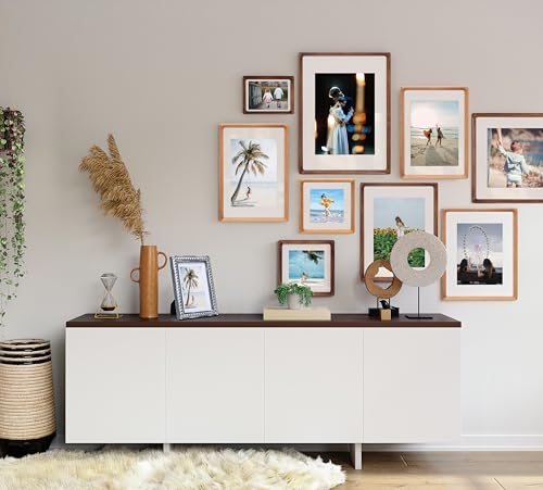 Image of Square 6x6 Picture Frame with Mat for 4x4, USA-Sourced Natural Teak Wood Handcrafted Rounded Corner with Real Glass, Vertical or Horizontal Display Photo Gallery Wall & Tabletop Frame