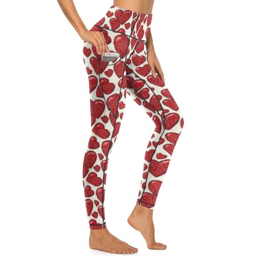 Legging rouge femme imprimé cœur pantalon yoga taille haute avec poches